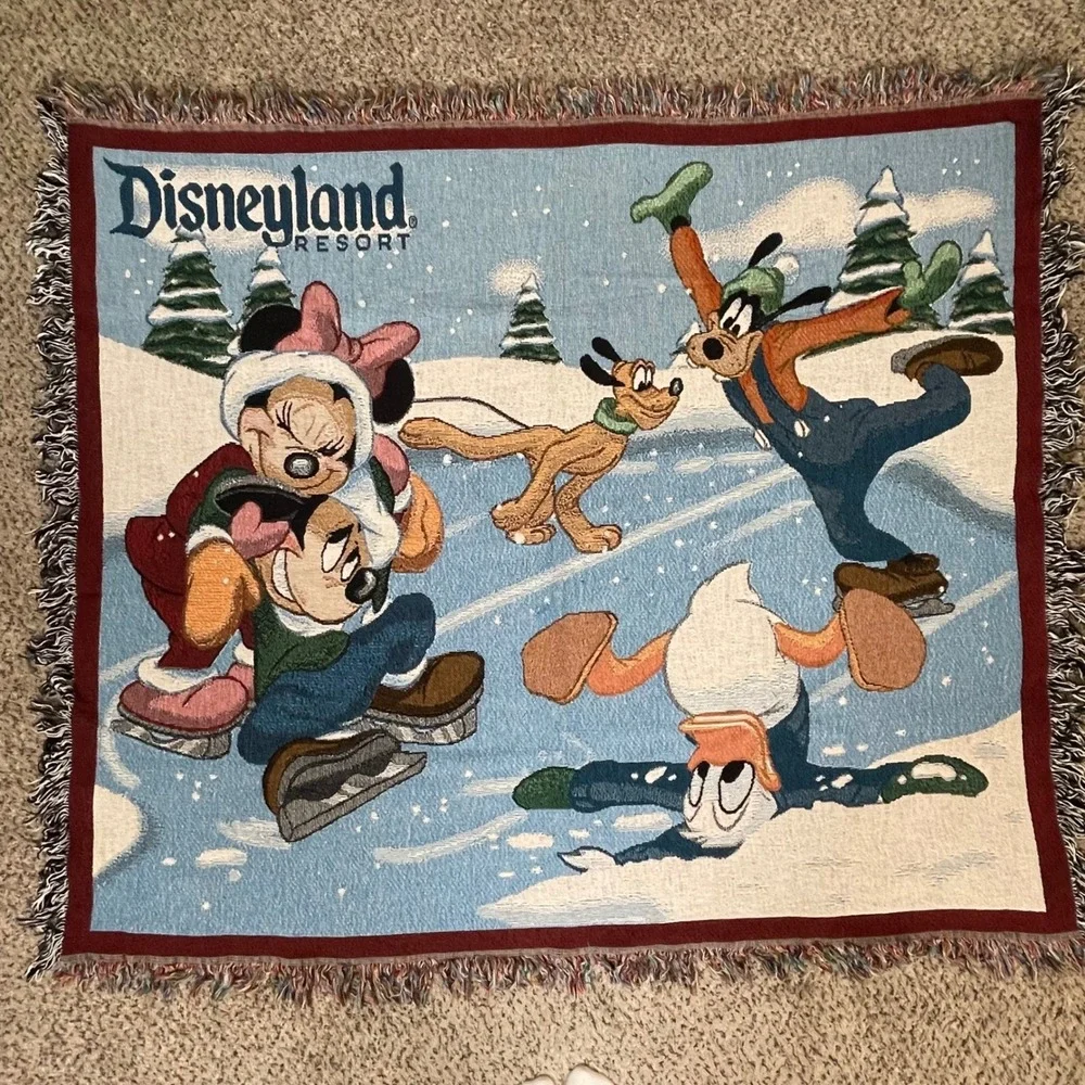 Disneyland Resort Woven Tapestry Throw Blanket Blue Ice Skating Minnie Mickey